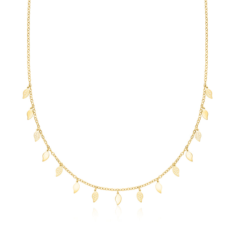 10kt yellow gold leaf station necklace with small dangling leaf charms