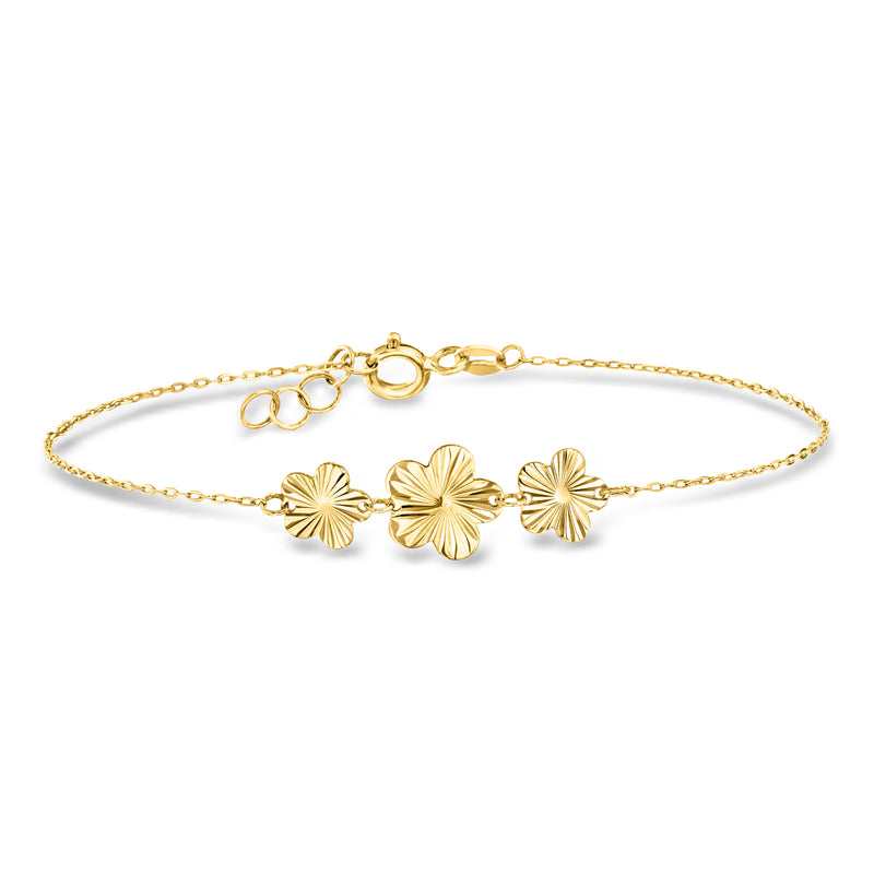 Gold flower trio bracelet with three round scalloped flower charms and chain clasp