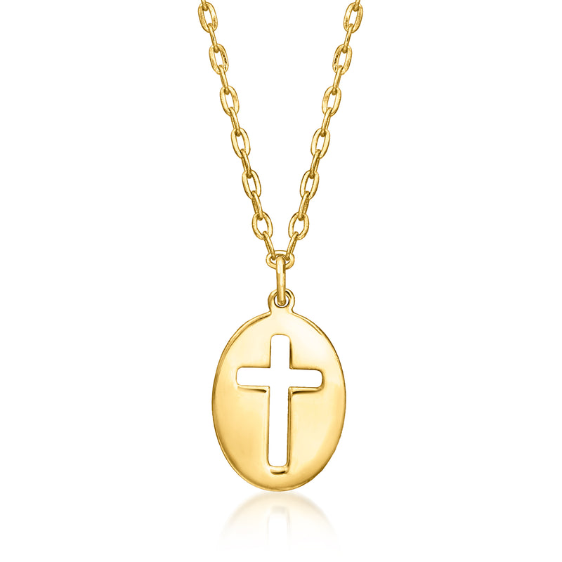 10kt yellow gold cross cutout charm necklace with oval pendant