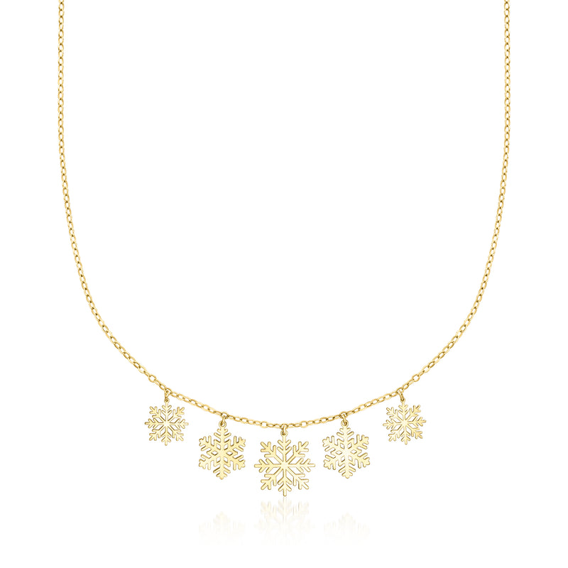 10kt yellow gold snowflake charm necklace with five dangling snowflake charms