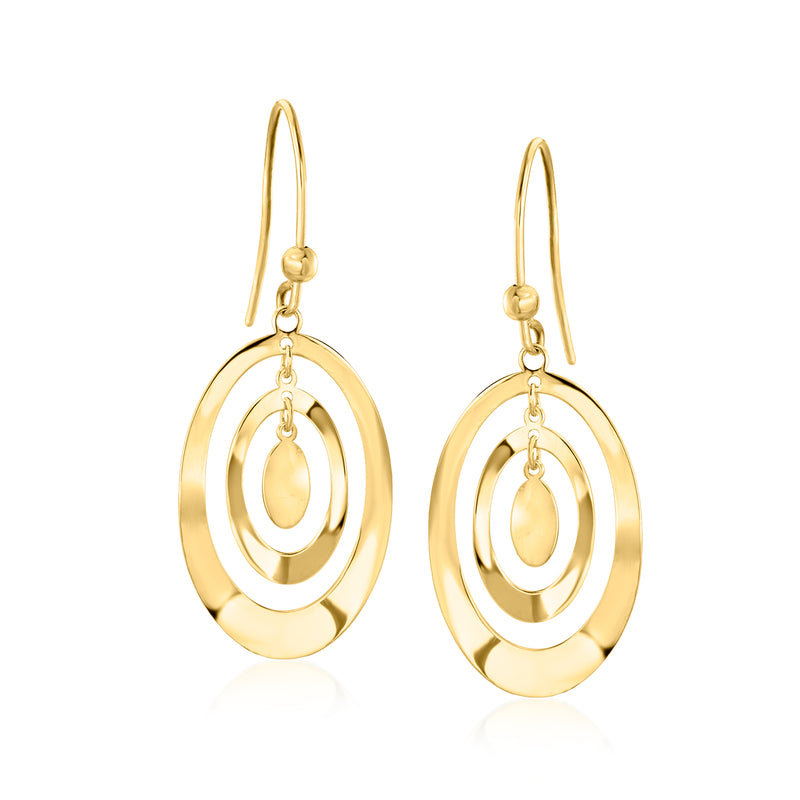 10kt yellow gold oval drop earrings with concentric rings, earwire hooks