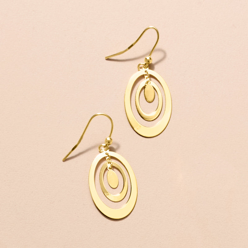 10kt yellow gold oval drop earrings with concentric rings and earwire hooks