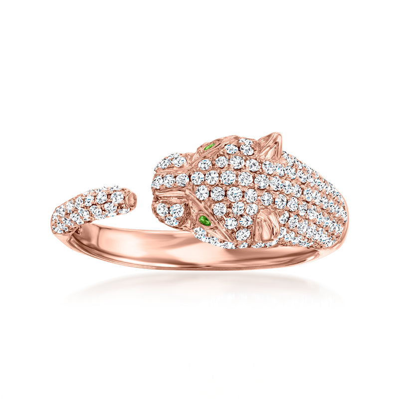 Effy vintage panther ring in 14kt rose gold, pavé diamonds and green tsavorites