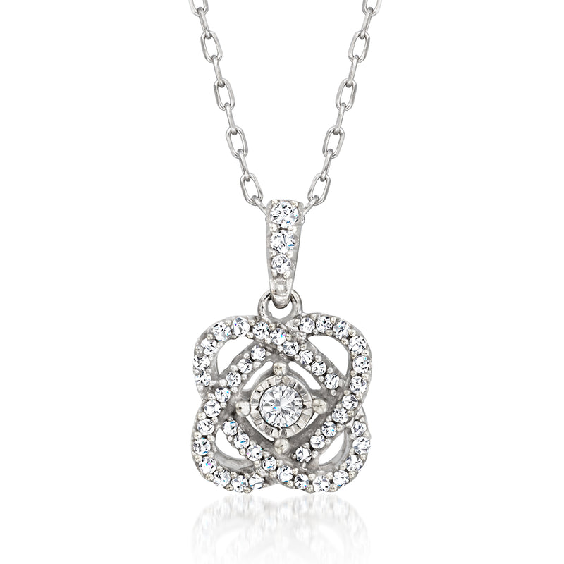 10kt white gold diamond swirl flower pendant necklace with round stones, link chain