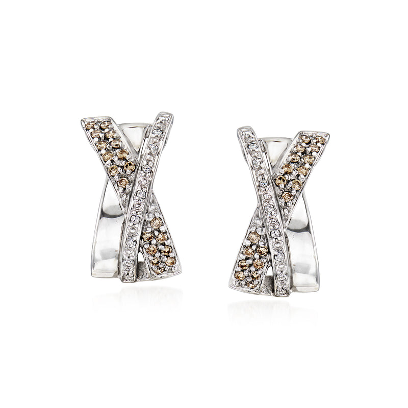 Curved diamond earrings in 14kt white gold with brown and white stones, post style