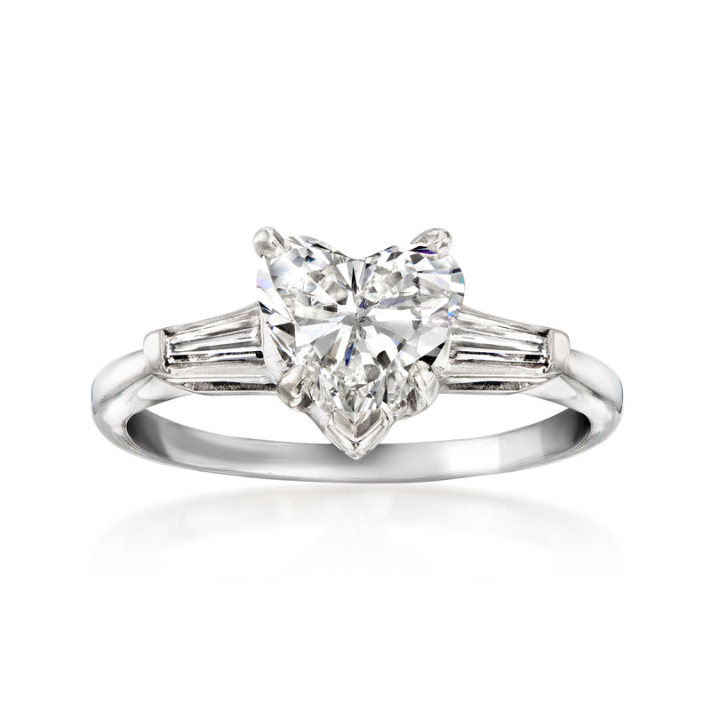 Platinum heart diamond ring with baguette side stones