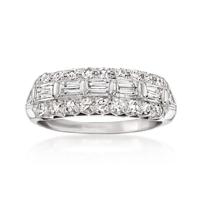 14kt white gold three-row diamond ring with baguette and round-cut stones