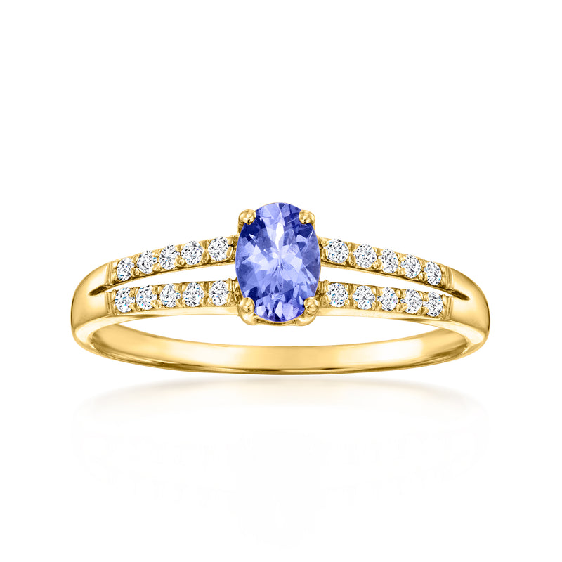 14kt yellow gold ring with oval blue-violet tanzanite and diamond band accents