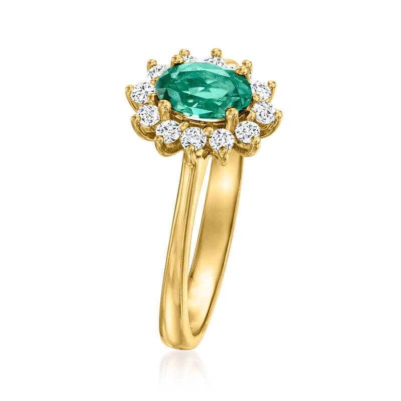 18kt yellow gold ring with oval green tourmaline and round diamond halo on prongs