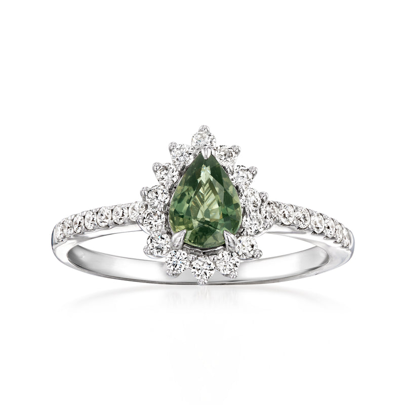 Pear-shaped green sapphire ring in white gold with diamond halo and pave band
