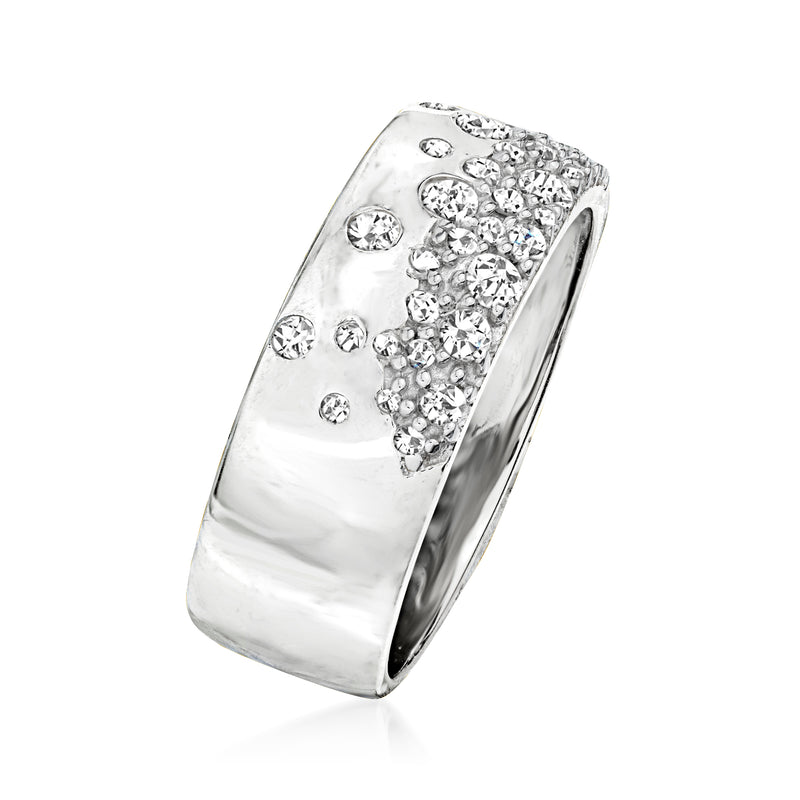 Sterling silver diamond band ring with scattered round stones, angled view