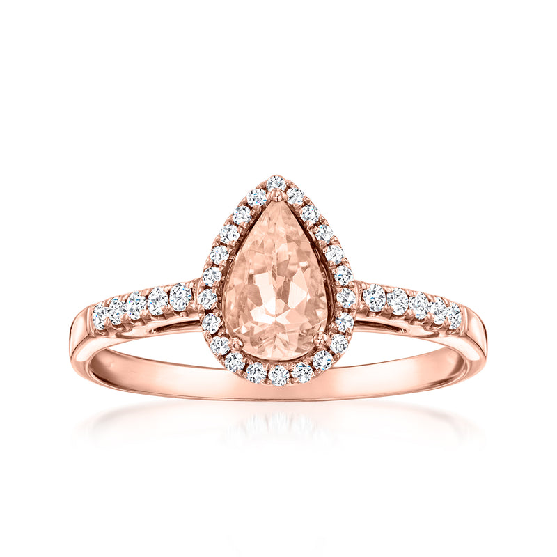 Pear-shaped morganite ring with diamond halo in rose gold