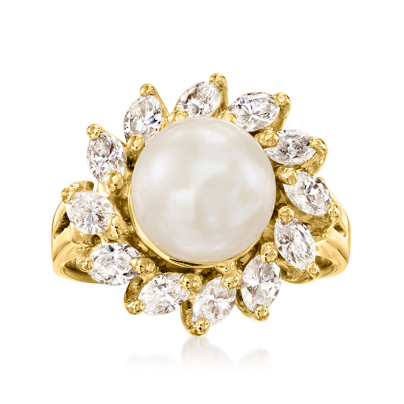 Vintage cultured pearl and diamond ring, 14kt yellow gold with large white pearl