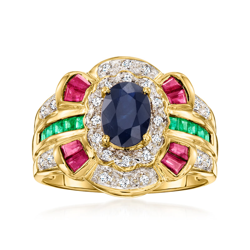 14kt yellow gold multi-gemstone ring with oval dark center stone, diamond halo