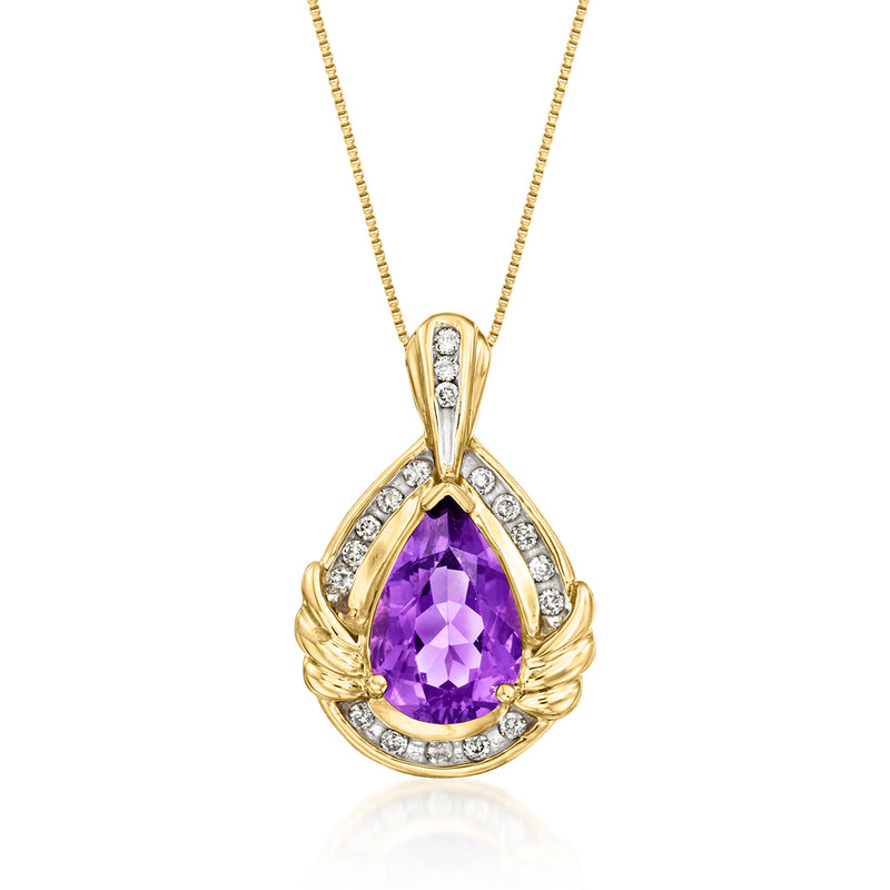 14k yellow gold teardrop amethyst pendant with diamond halo and bail on necklace