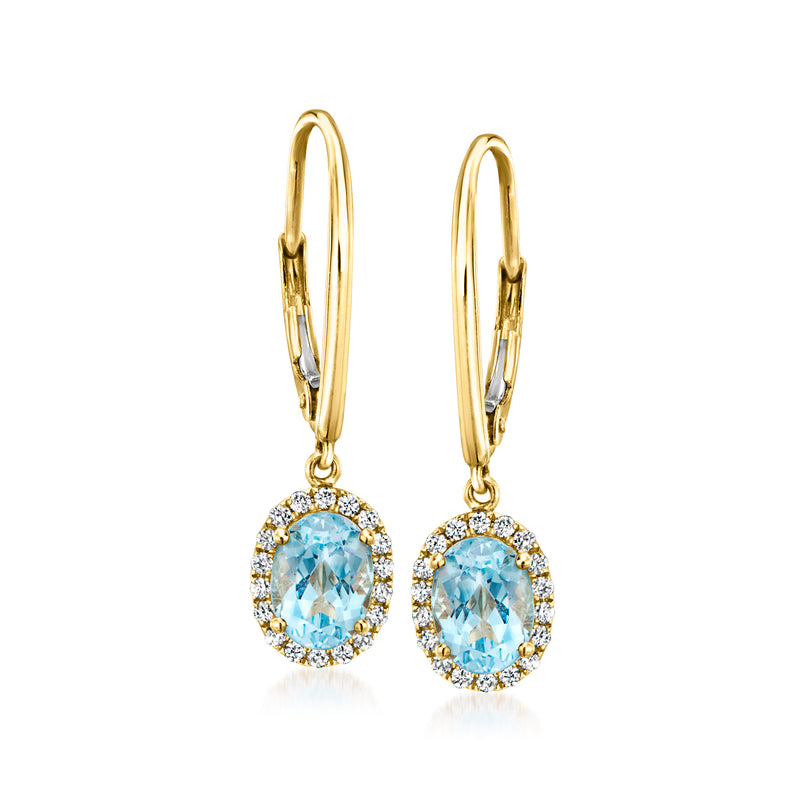 Yellow gold drop earrings with oval blue aquamarine halos and small diamonds