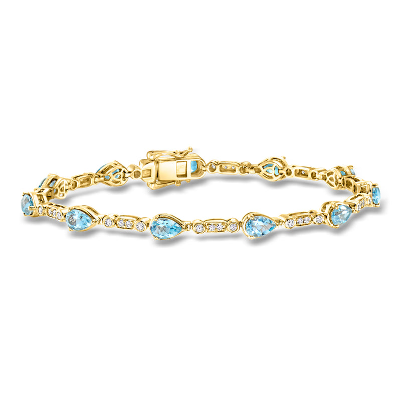 18kt yellow gold bracelet with oval aquamarine blue stones and diamond accents