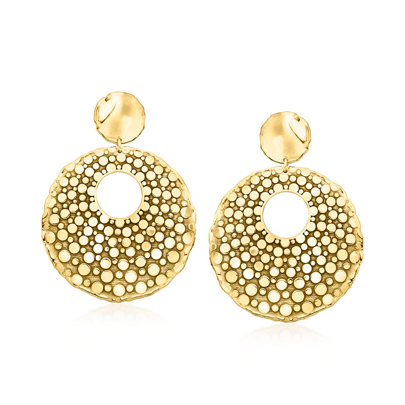 Gold-tone disc drop earrings with dotted texture and round cutout center