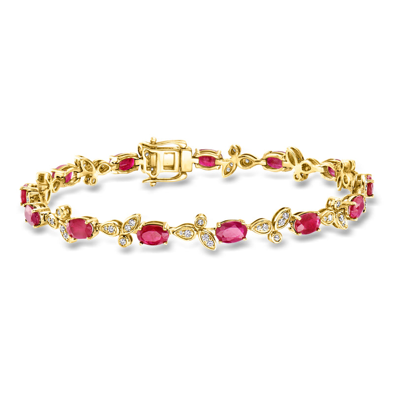 14kt yellow gold bracelet with ruby and diamond accents, square center stone