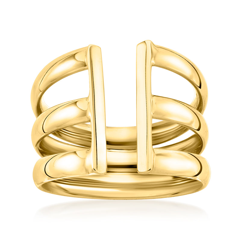 14kt yellow gold three-row cuff ring with polished open-frame design