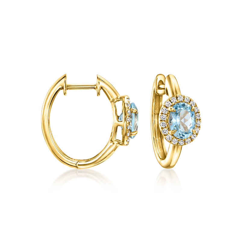 Aquamarine and diamond hoop earrings in 18kt yellow gold, oval stone halo