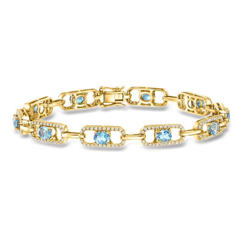 18k yellow gold oval-link bracelet with aquamarine and diamond accents, blue stones