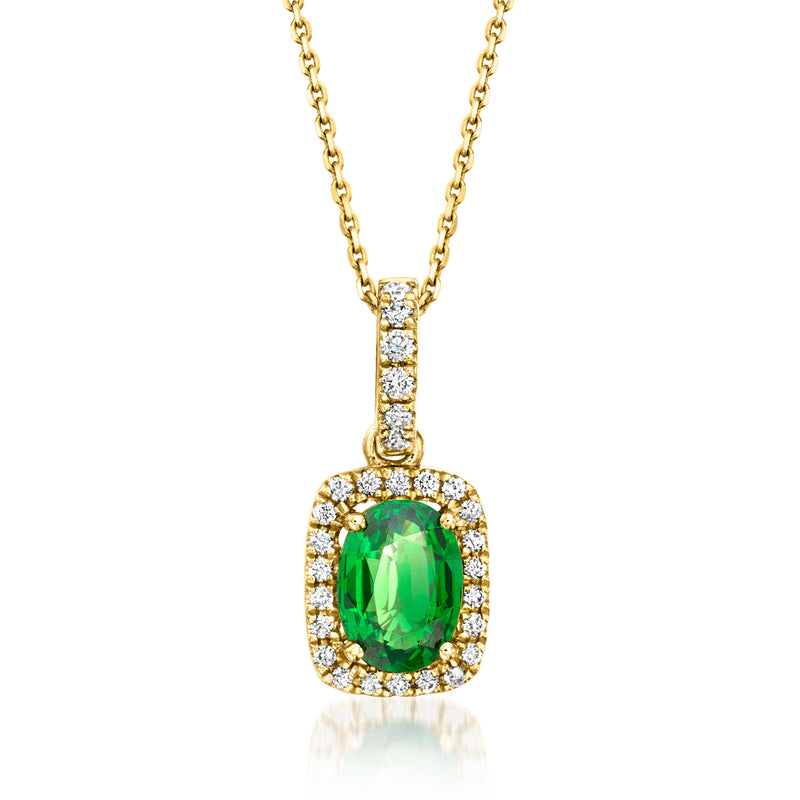 Oval green tsavorite pendant with diamond halo and 14kt yellow gold chain