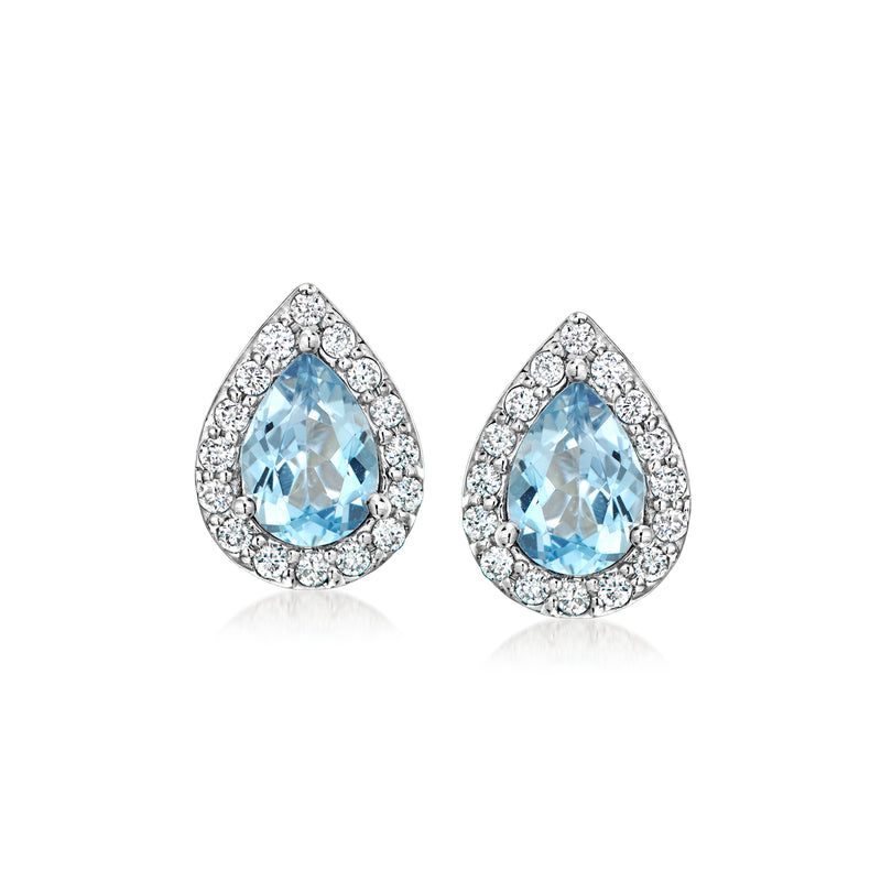 Teardrop aquamarine stud earrings with diamond halo in white gold, post backs