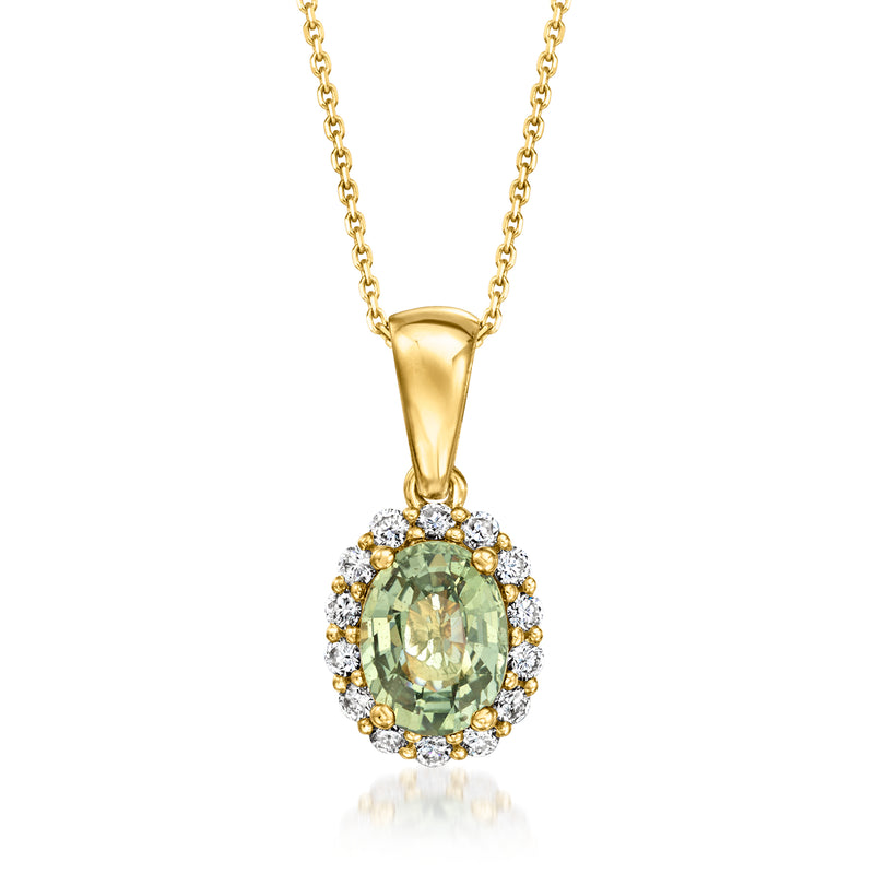 18kt yellow gold pendant necklace with oval green sapphire and diamond halo
