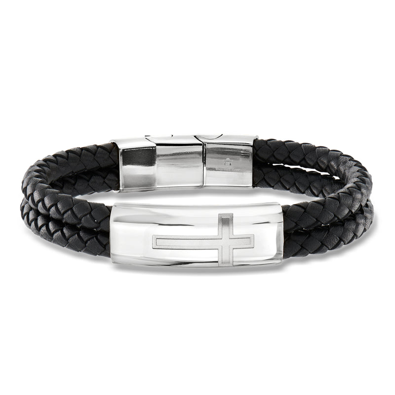 Men's braided black leather cross bracelet with stainless steel center and clasp