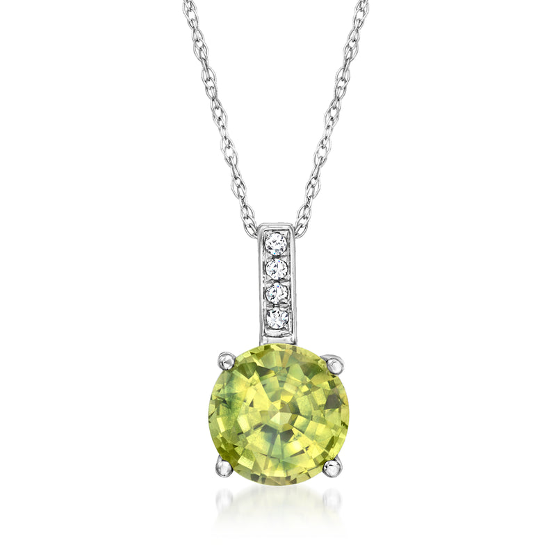 Green sapphire pendant necklace: round stone with diamond accents on white gold chain