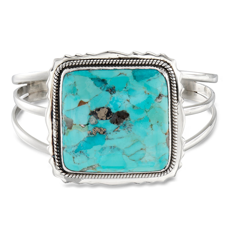 Sterling silver square cuff bracelet with turquoise blue inlay stone and textured border