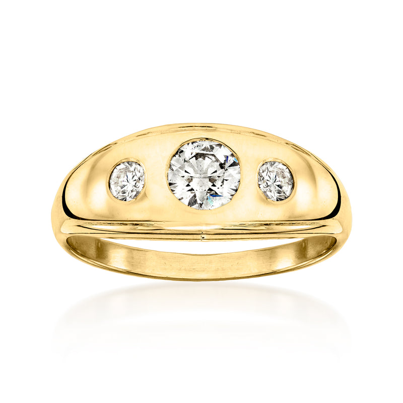 Three-stone diamond ring in 14kt yellow gold with round center and two side diamonds