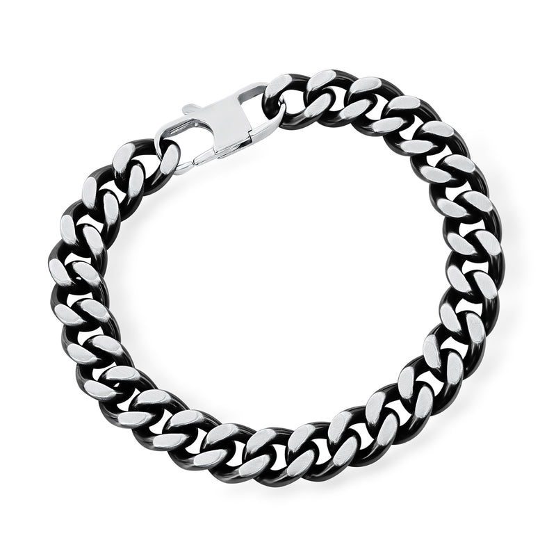 Men's Cuban-link bracelet in alternating black and silver steel with clasp
