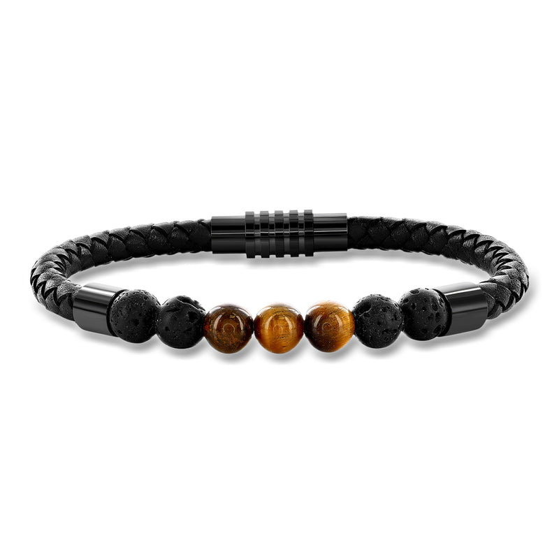 Men's braided leather bracelet with black lava beads, tiger eye beads, magnetic clasp