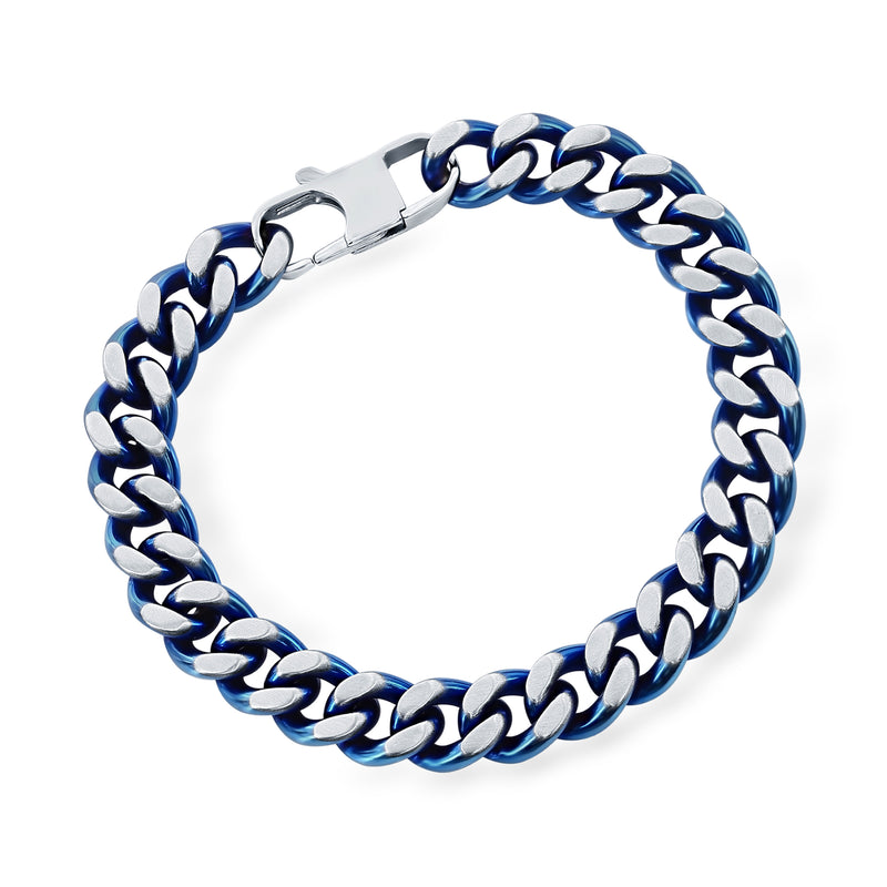Cuban-link stainless steel bracelet with blue and white links and front clasp