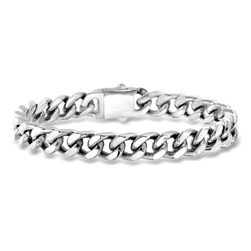 Men’s stainless steel Cuban-link bracelet with flat polished links and clasp bar