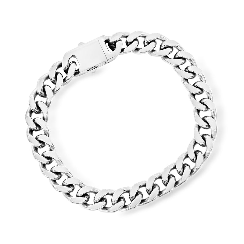Cuban-link stainless steel bracelet with polished chain links and hinged clasp