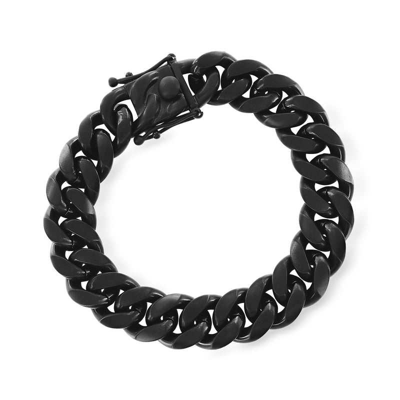 Matte black Cuban-link bracelet, round chain links with hinged clasp