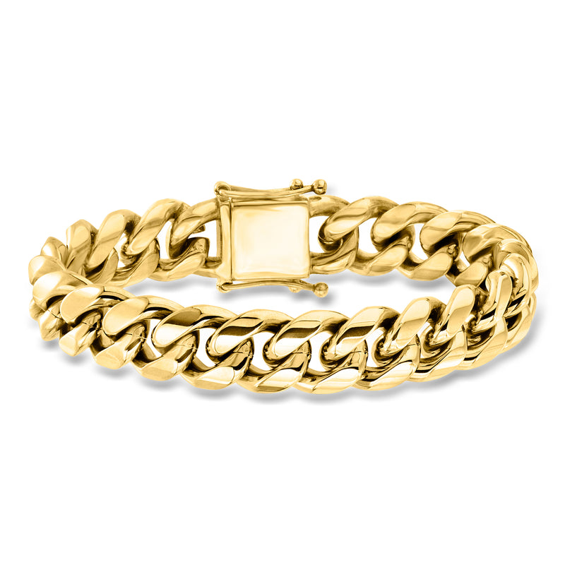 Men's yellow stainless steel Cuban-link bracelet with clasp, 14mm links