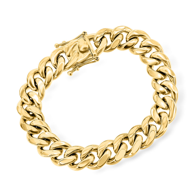 Yellow stainless steel Cuban-link bracelet with chunky chain links and end hardware