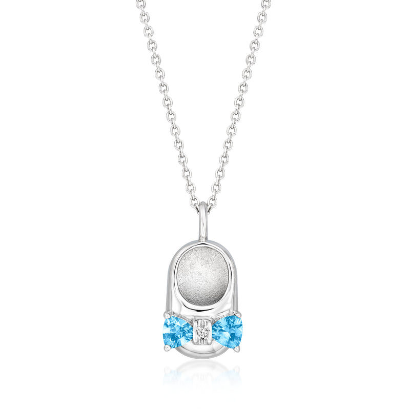 Sterling silver baby bootie pendant necklace with blue topaz and white topaz
