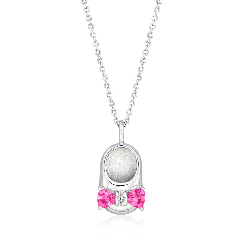 Sterling silver baby bootie pendant necklace with pink topaz and single white topaz