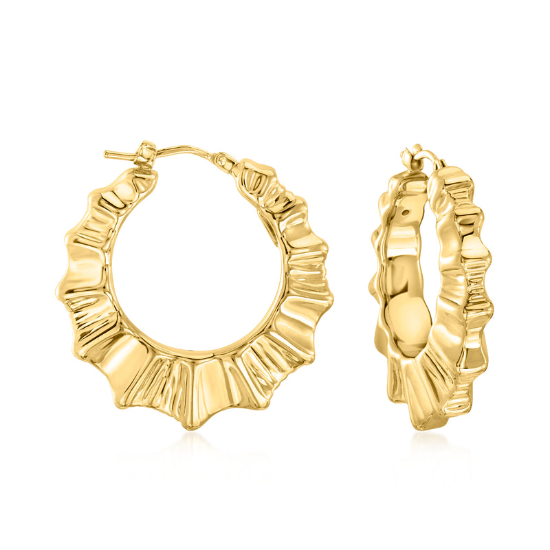 Yellow gold bamboo-style hoop earrings, 18kt, textured ring design
