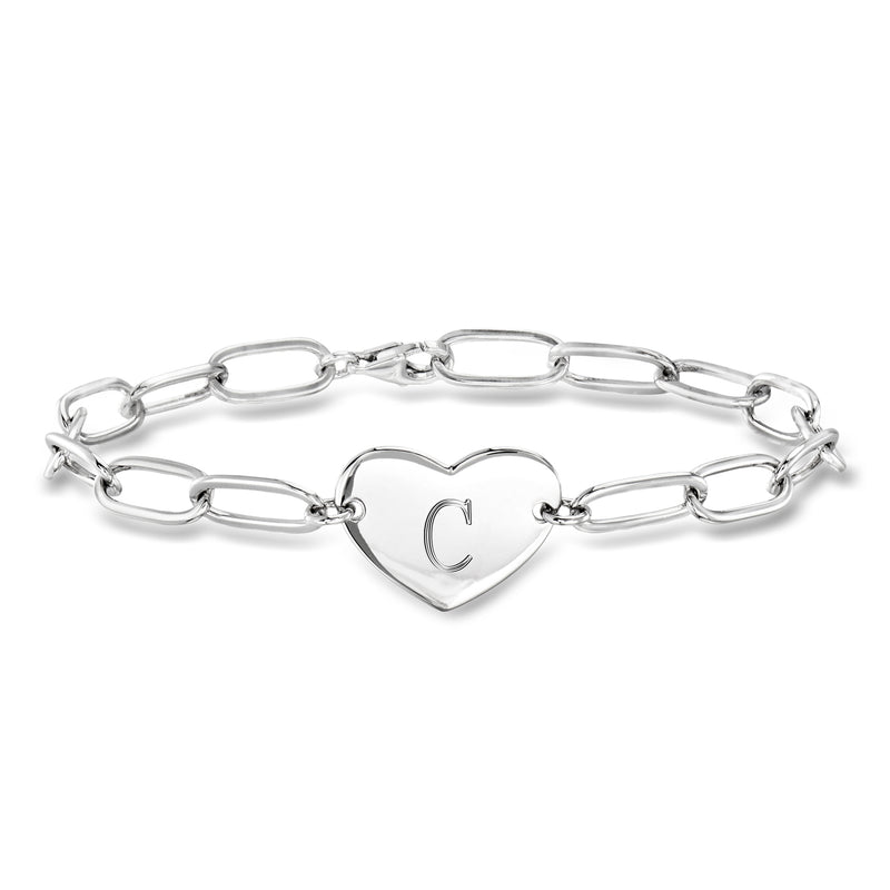 Sterling silver link bracelet with heart charm and engraved 'C' initial
