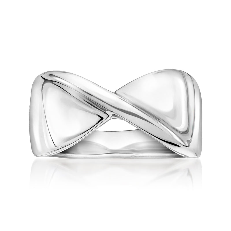 Sterling silver X ring with polished crossing bands, high-shine geometric design