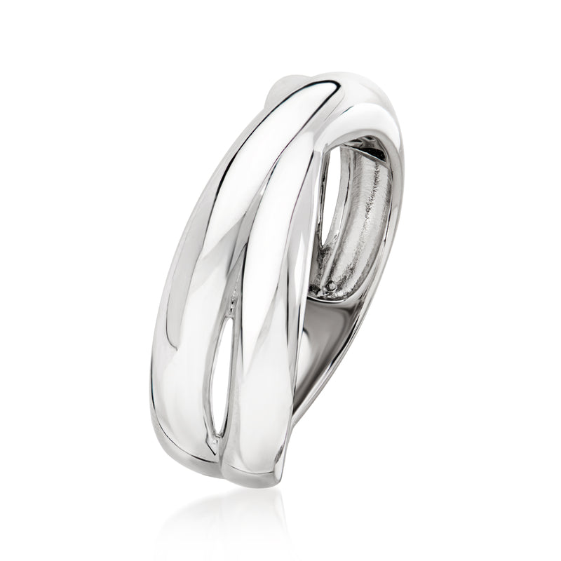 Sterling silver crisscross puffed ring, side profile with smooth polished curves