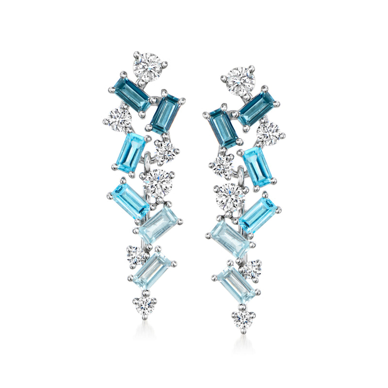 Sterling silver drop earrings with teal baguette gemstones and round diamond accents