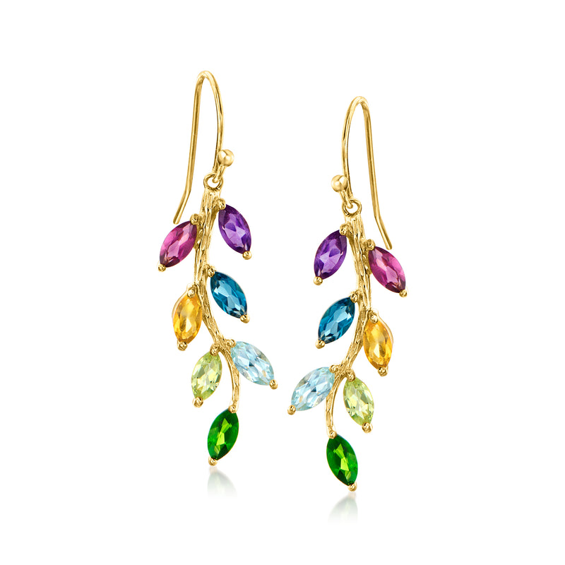 Gold vine drop earrings with purple, blue, yellow, green gemstones, French hook style