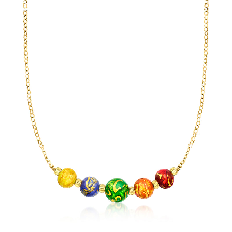 18kt gold over sterling rainbow Murano glass bead necklace with multicolor round beads